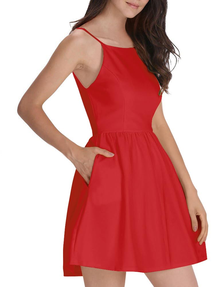 FANCYINN Women's Summer Short Dress Graduation Spaghetti Strap Backless Party Dresses with Pockets Dark Red S - Image 1